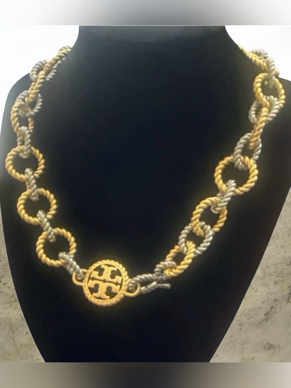 NWT TORY BURCH Silver & Gold-Tone Chunky Rope Chain Link Necklace Toggle Clasp